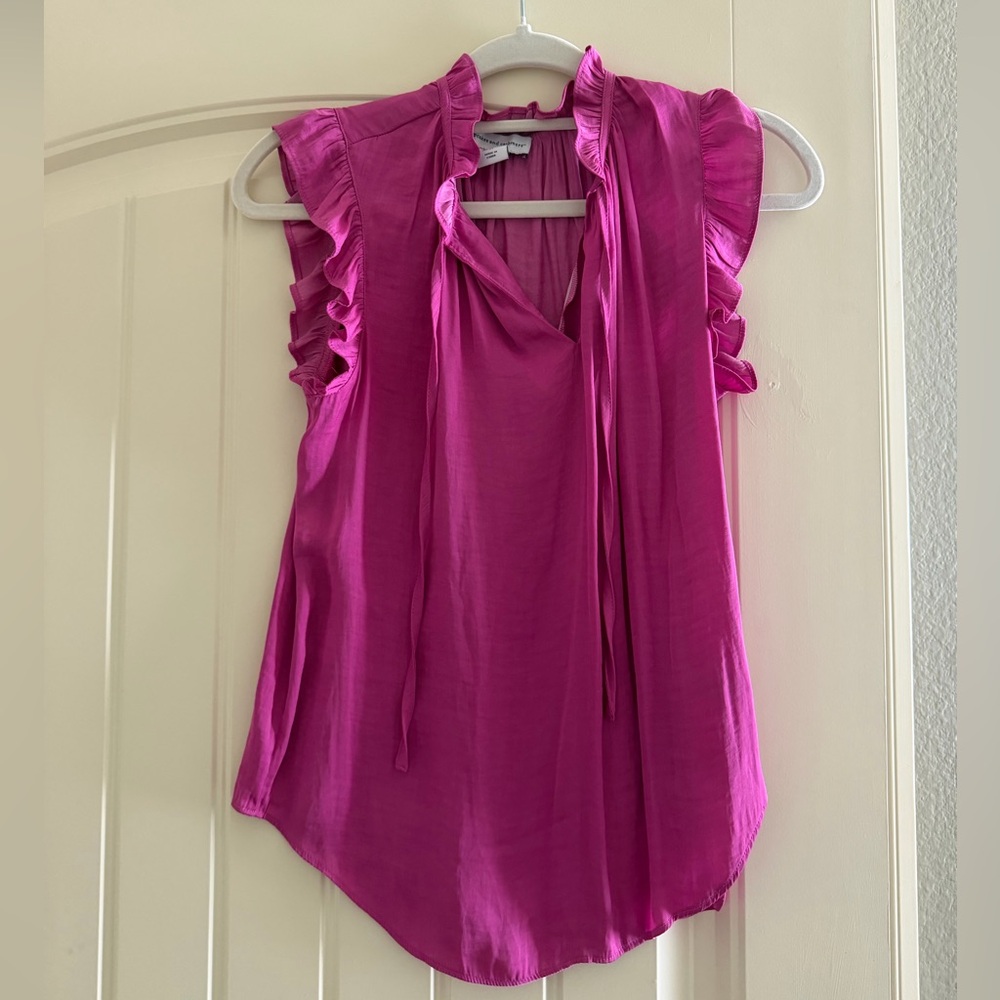 cupcakes & cashmere Magenta Ruffle Tie-Neck Sleeveless Blouse